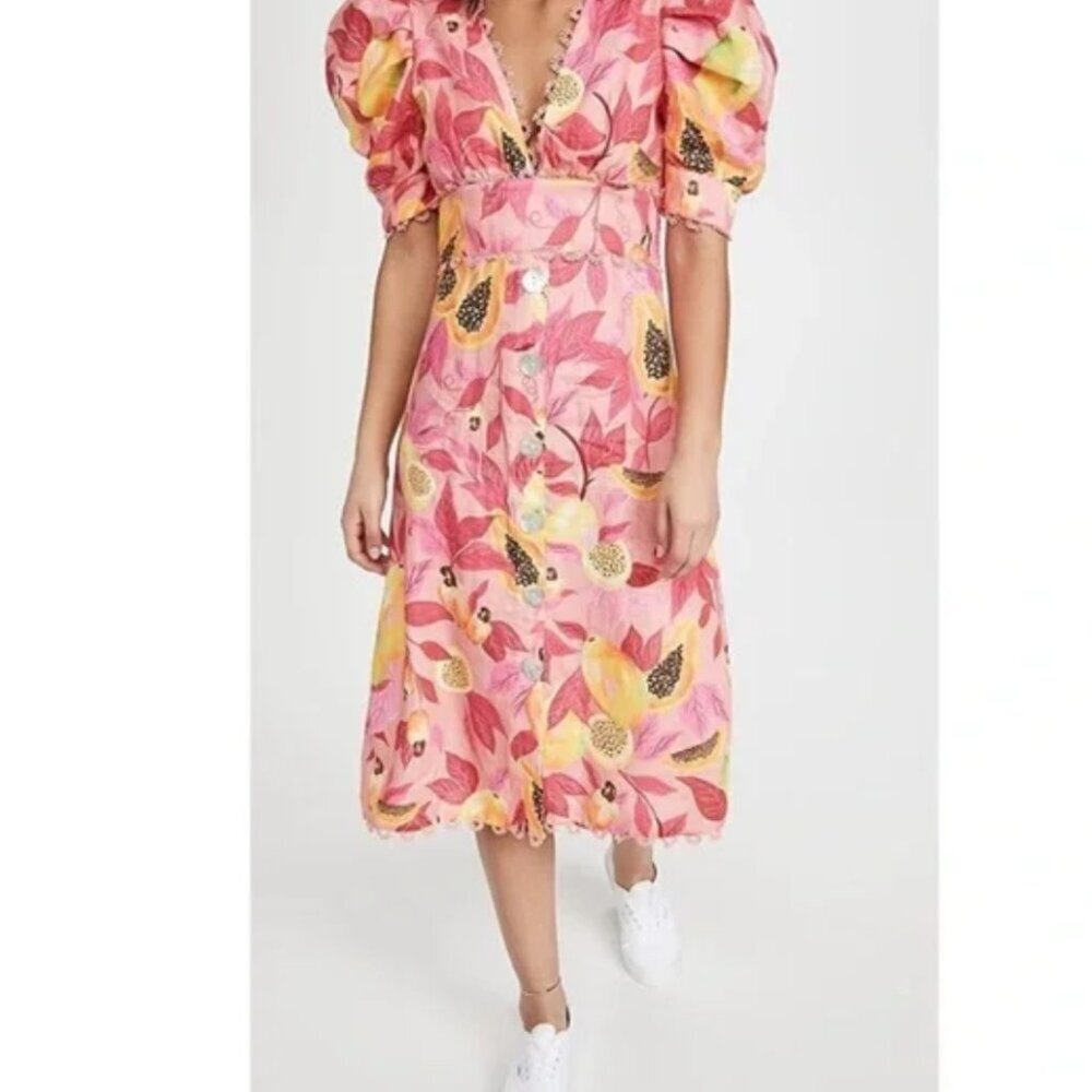 Farm Rio Pink Papaya Leaf Dress Linen Button Down Midi Short Sleeve Size Small - Picture 6 of 13